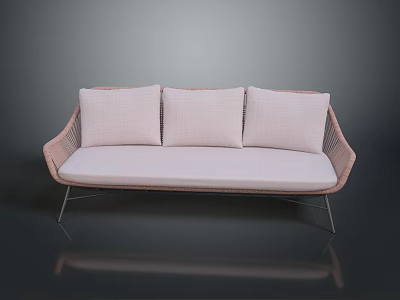 Modern Woven Sofa With Three Light Colored Cushions And Metal Legs 3d model