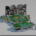 3D Rocky Landscape Scene With Green Grass Colorful Patches And Small Trees