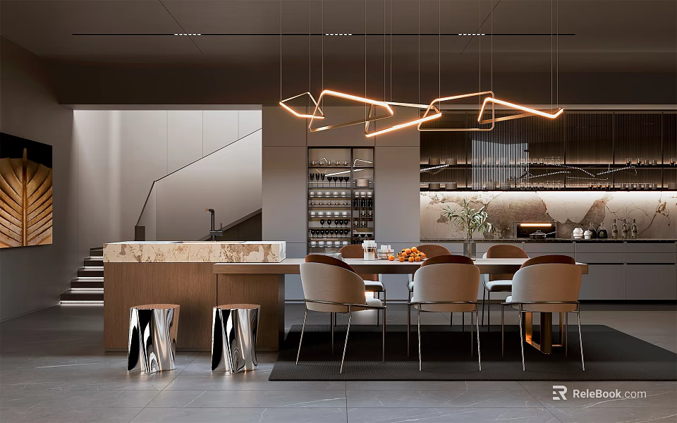 Modern Restaurant Interior Design With Dining Table Chairs Hanging Lights And Green Plants 3d model 