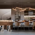 Modern Restaurant Interior Design With Dining Table Chairs Hanging Lights And Green Plants