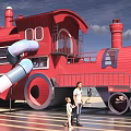 Colorful Park Landscape With Red Train Shaped Building And Blue And White Slide