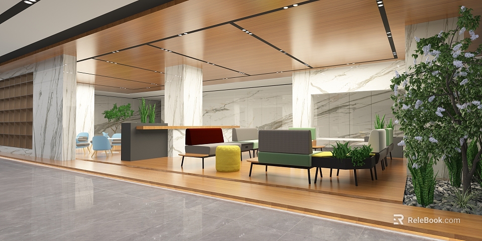 Relaxing Leisure Area With Wooden Ceiling Marble Walls Colored Seats Counter And Green Plants 3d model 