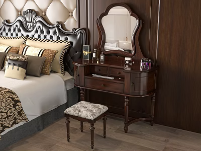 Dark Wooden Dressing Table With Mirror And Cosmetics In Bedroom Setting 3d model