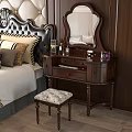 Dark Wooden Dressing Table With Mirror And Cosmetics In Bedroom Setting