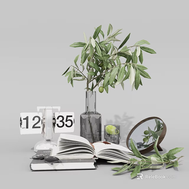 Elegant Decorative Ornament Set with Olive Branch Glass Vase Open Book Calendar and Mirror 3d model 