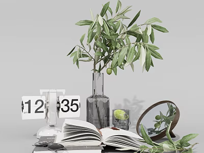 Elegant Decorative Ornament Set with Olive Branch Glass Vase Open Book Calendar and Mirror 3d model