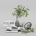 Elegant Decorative Ornament Set with Olive Branch Glass Vase Open Book Calendar and Mirror