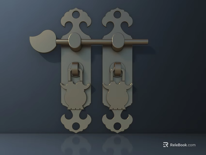 Pair of Antique Brass Door Handles with Symmetric Ornate Decorative Design 3d model 
