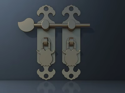 Pair of Antique Brass Door Handles with Symmetric Ornate Decorative Design 3d model