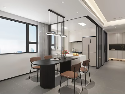 Modern Open Kitchen Dining Area With Table Chairs Hanging Lights And Windows 3d model