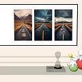 Home Interior With Three Panel Road Artwork Wall Decor And Shelf Ornaments
