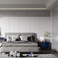Modern Kids Room Interior With Gray Bed Blue Desk Stuffed Toys Round Decor And Rug