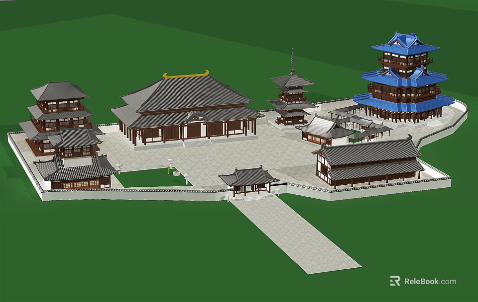 Traditional Ancient Chinese Architecture Complex With Courtyard Tower And Sloped Roofs 3d model 