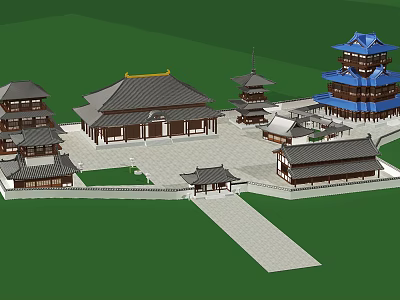 Traditional Ancient Chinese Architecture Complex With Courtyard Tower And Sloped Roofs 3d model