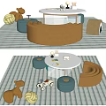 Round White Kids Table with Blue Small Stools Toys and Plush Toy on Striped Rug
