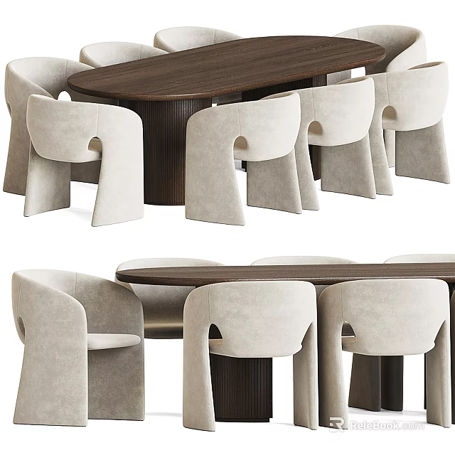 Elegant Modern Dining Table Set With Walnut Wooden Top And Beige Curved Chairs 3d model 