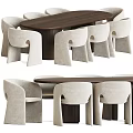 Elegant Modern Dining Table Set With Walnut Wooden Top And Beige Curved Chairs