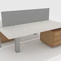 Modern Office Desk With White Tabletop Grey Divider Panel Wooden Drawer Cabinets And Metal Legs