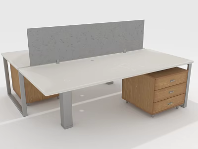 Modern Office Desk With White Tabletop Grey Divider Panel Wooden Drawer Cabinets And Metal Legs 3d model