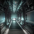 Futuristic Elevator Corridor Design With Metallic Walls Control Panels And Grated Floor Lighting