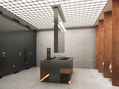 Modern Hotel Bathroom Interior With Black Partitions Gray Walls And Black Vanity With Orange Lighting 3d model