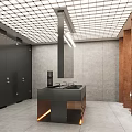 Modern Hotel Bathroom Interior With Black Partitions Gray Walls And Black Vanity With Orange Lighting