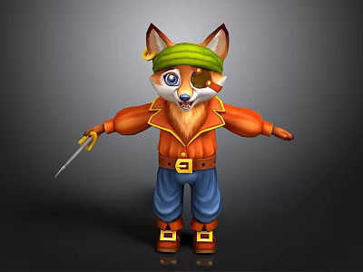 Cartoon Fox In Pirate Costume Green Bandana Eye Patch Orange Jacket Blue Pants Holding Dagger 3d model