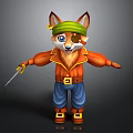 Cartoon Fox In Pirate Costume Green Bandana Eye Patch Orange Jacket Blue Pants Holding Dagger