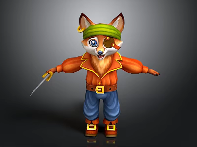 Cartoon Style Pirate Fox Pirate Fox Cartoon Fox Green Wool Hat Orange Hooded Jacket Blue Pants Brown Boots Low Angle View 3d model