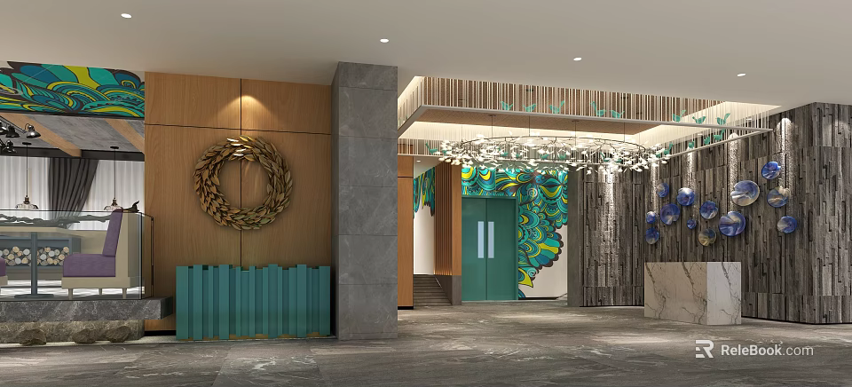 Modern Hotel Lobby Featuring Wooden Wall Gray Stone Pillar Golden Wreath And Colorful Mural 3d model 