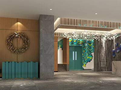 Modern Hotel Lobby Featuring Wooden Wall Gray Stone Pillar Golden Wreath And Colorful Mural 3d model