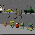 Playful Dolls and Toys Collection with SpongeBob Green Monster Giraffe Squirrel and Truck on Shelf