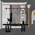 Elegant Modern Tea Room Interior With Wooden Tea Table Chair Potted Plant And Pendant Lighting
