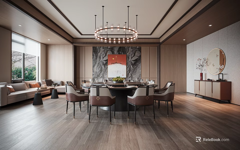 Modern Private Dining Room With Round Table Chandelier And Chairs 3d model