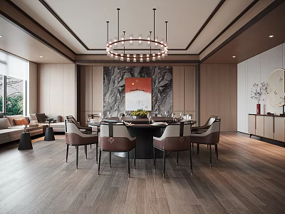 Modern Private Dining Room With Round Table Chandelier And Chairs 3d model