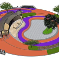 Vibrant Urban Park Design Featuring Round Plaza Trees And Colored Paved Areas