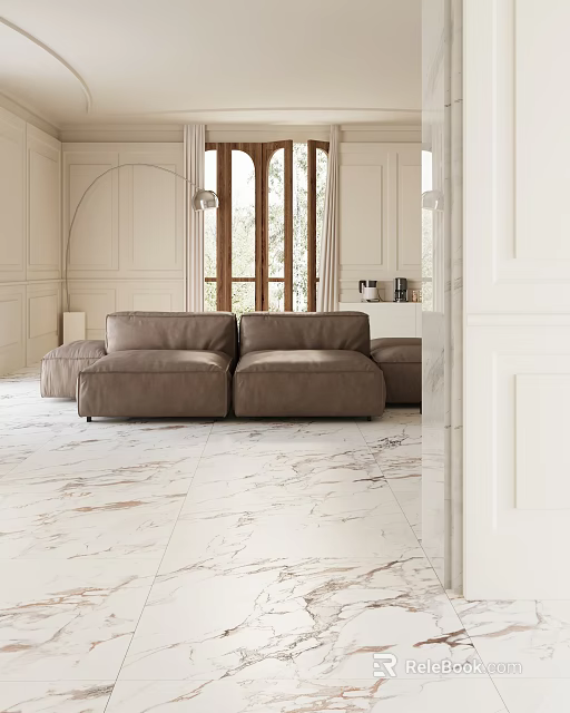 Elegant Living Room Interior Design With Brown Sofa Arched Windows And Marble Flooring 3d model 