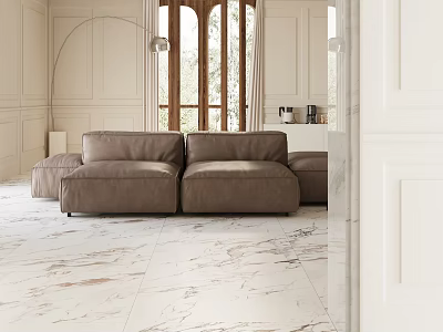 Elegant Living Room Interior Design With Brown Sofa Arched Windows And Marble Flooring 3d model