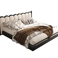 Double Bed With Scalloped Upholstered Headboard Patterned Bedding Checkered Pillow And Brown Throw 3d model