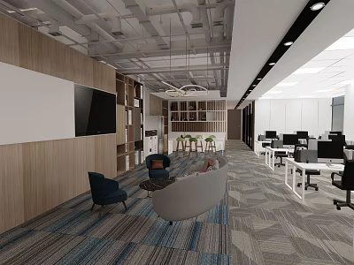 Modern Public Office Space With Open Layout Desks Sofa TV Bookshelves And Green Plants 3d model