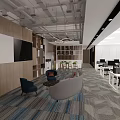 Modern Public Office Space With Open Layout Desks Sofa TV Bookshelves And Green Plants