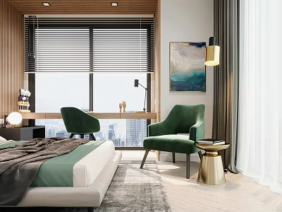 Modern Double Bed in Bedroom with Green Chairs Side Table City View and Rug 3d model
