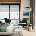 Modern Double Bed in Bedroom with Green Chairs Side Table City View and Rug
