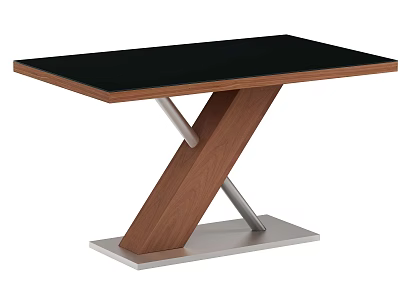 Modern Dining Table With Black Tabletop And Wooden X Shaped Legs On Metal Base 3d model