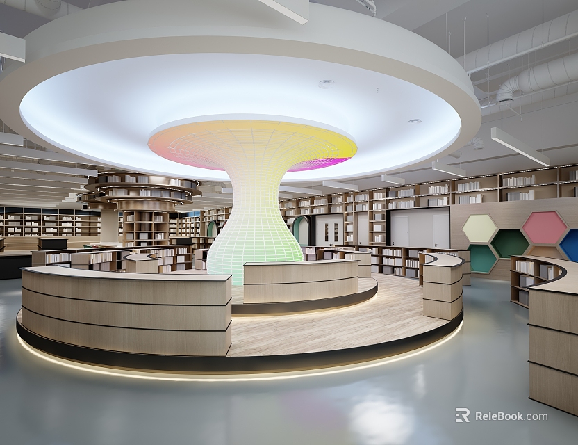 Modern Library Interior With Circular Design And Bookshelves 3d model 