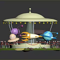 Whimsical Carousel Structure With White Canopy Colorful Decorations Pink Blue Rotating Elements And Green Grass