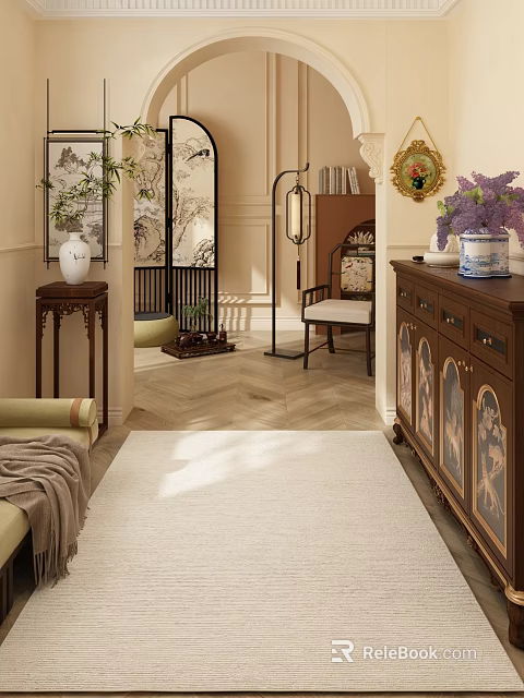 Traditional Chinese Foyer Hallway With Decorative Cabinet And Screen 3d model 