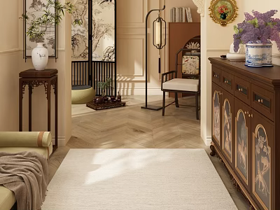 Traditional Chinese Foyer Hallway With Decorative Cabinet And Screen 3d model