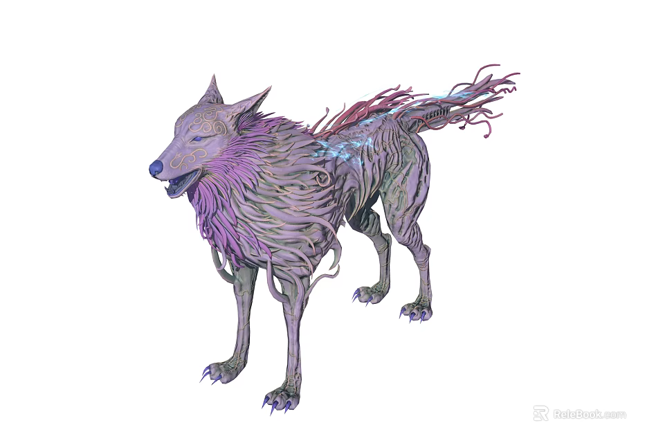 Fantasy Wolf Creature With Purple Blue Tangled Fur And Mythical Features 3d model 