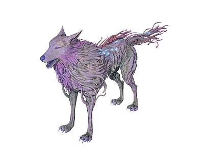 Fantasy Wolf Creature With Purple Blue Tangled Fur And Mythical Features 3d model